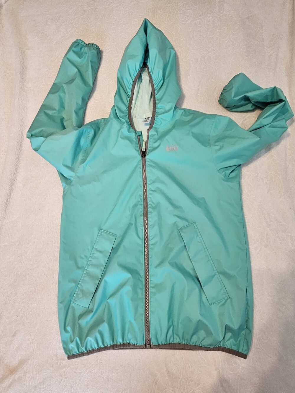 REI Co-op Kids XL (18) Full-Zip Hooded Windbreaker / Rain Jacket - Aqua